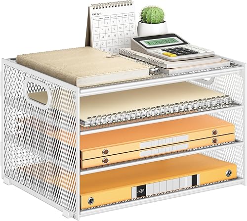 Miniatura 12 de Subekyu Organizador de escritorio de papel de 3 niveles con asa y 1 bandeja deslizable para cartas, clasificador de carpetas de archivos de papel