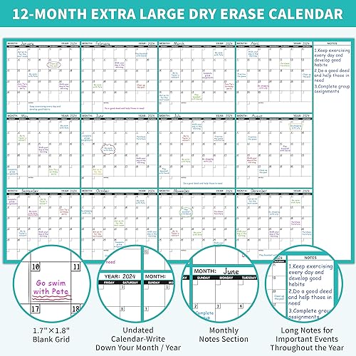 Miniatura 2 de Calendario grande de borrado en seco para pared, calendario de pared de 12 meses sin fecha, 37 x 58 pulgadas, calendario de pared anual de borrado
