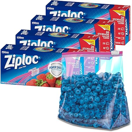 Ziploc Gallon Food Storage Slider Bags, Power Shield Technology for More Durability, 26 Count, Pack of 4 (104 Total Bags)