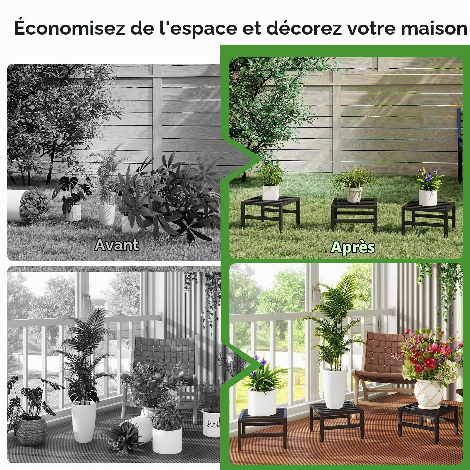 IBUYKE Lot de 3 Supports en Métal pour Plantes d'Intérieur et d'Extérieur, 30cm Petits Supports Robustes pour Pots de Fleurs, Étagère Carrée pour Plantes pour Salon Balcon Jardin, Noir TMJ075B-3
