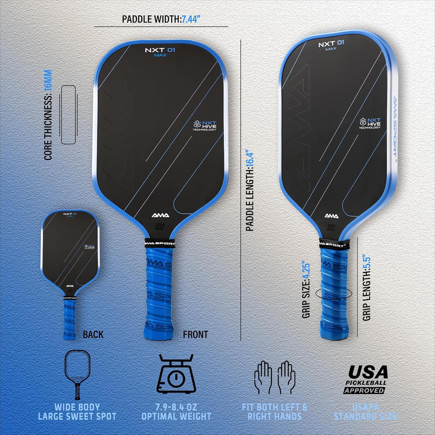 AMA SPORT Carbon Fiber Pickleball Paddles USAPA Approved 16mm Pickleball Paddle Friction Textured Surface Thermoformed Pickleball Racket with Propulsion PP Honeycomb Core