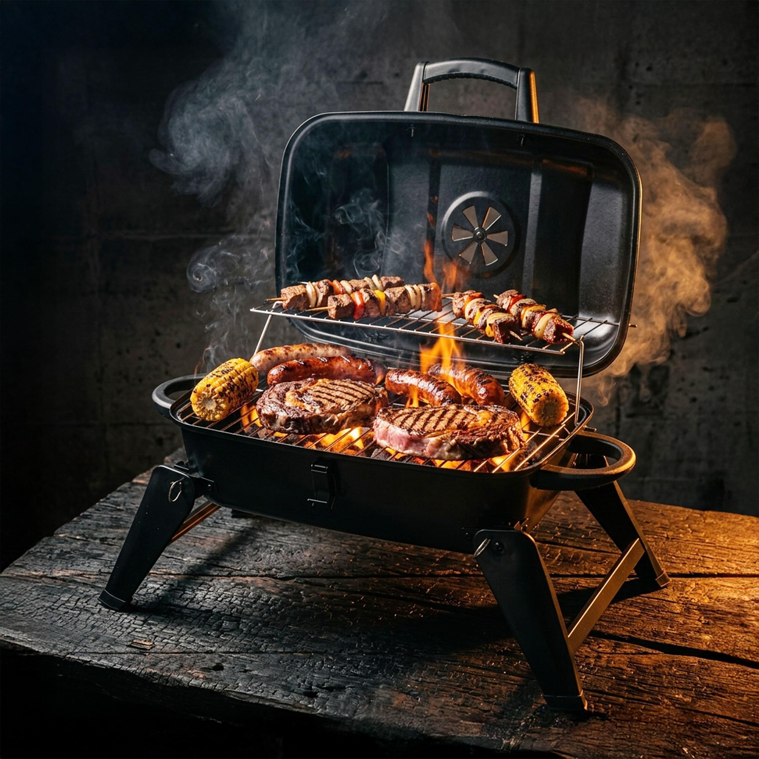 Relaxdays griglia tavolo pieghevole portatile 34x59x36 cm, acciaio nero | Scaldavivande, ventilazione, barbecue carbone