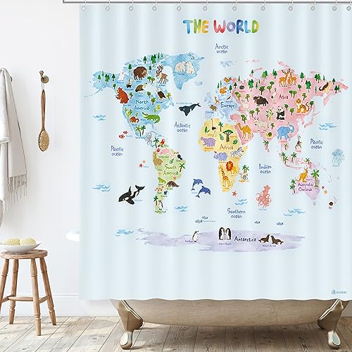 BASHOM BSC-615 - Juego de cortina de ducha con diseño de mapa del mundo animal para niños, impermeable, lavable, decorativo, para baño, 71 x 71