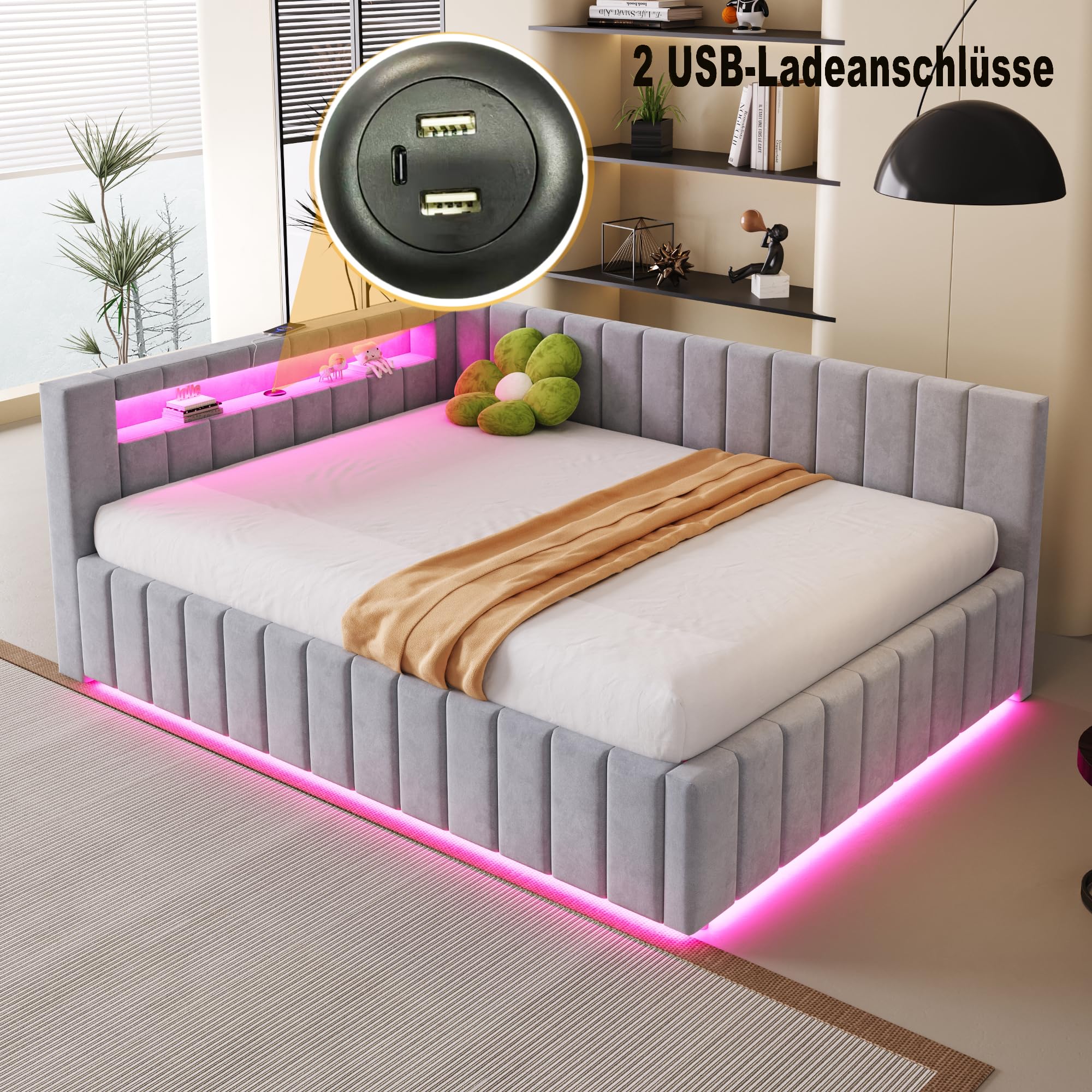 Polsterbett Schlafsofa 140x200, Doppelbett mit Hydraulischem Stauraum, mit LED-Licht und USB-Ladefunktion, Tagesbett Jugendbett mit Lattenrost, Samtstoff, ohne Matratze, Hellgrau
