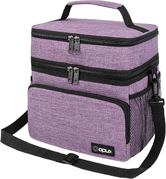 opux Insulated Lunch Bag for Men Women, Large Dual Compartment Cooler Bag, Soft Two Deck Lunch Box for Work School Picnic, Leakproof Lunch Tote with Shoulder Strap for Kid Adult Purple, Double Deck
