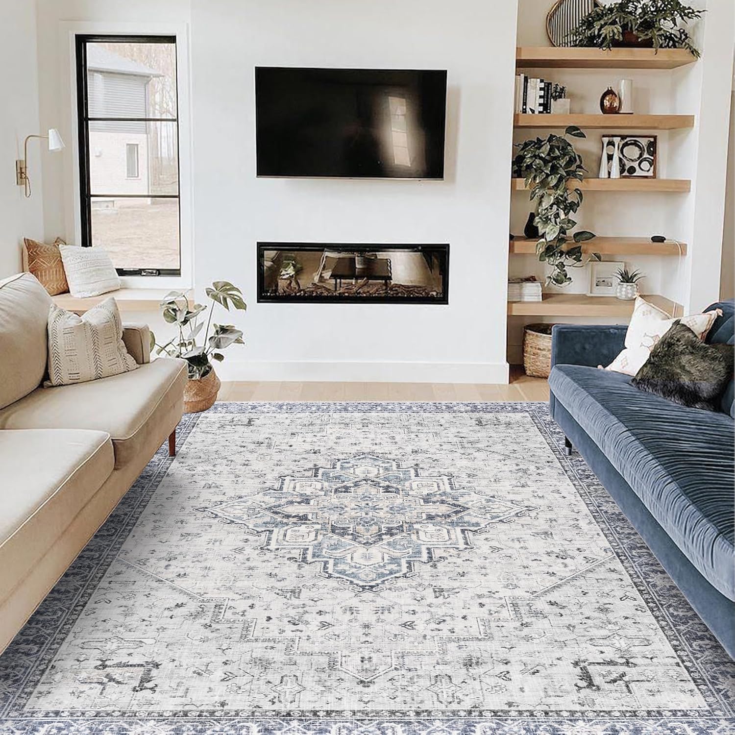 BILEEHOME Blue Area Rug for Living Room Washable Distressed