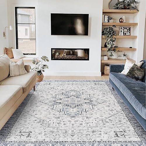 BILEEHOME Alfombra de comedor azul de 6 x 9 pulgadas, lavable, fácil de limpiar, resistente a las manchas, con medallón impreso, alfombra vintage