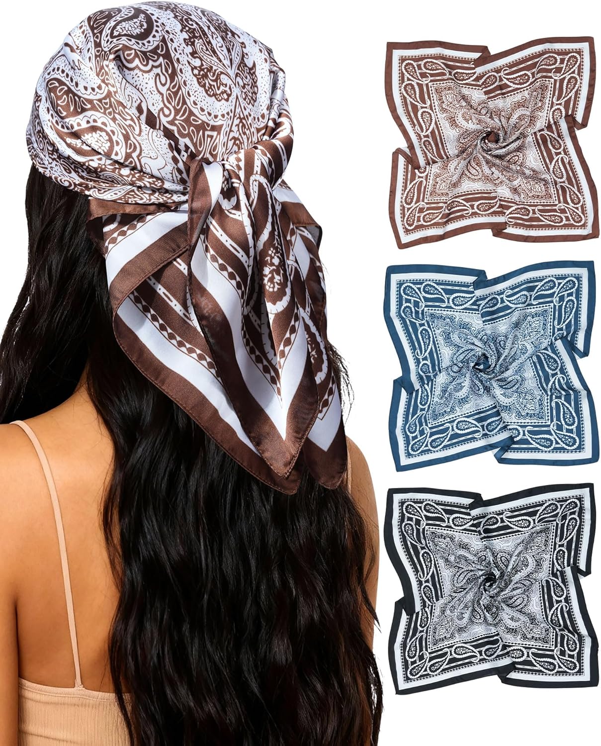 Mesovor 27.5" Square Satin Head Scarves, 3 Pack Satin Bandanas for Women | Silk Feeling Hair Neck Wraps Scarf Headband