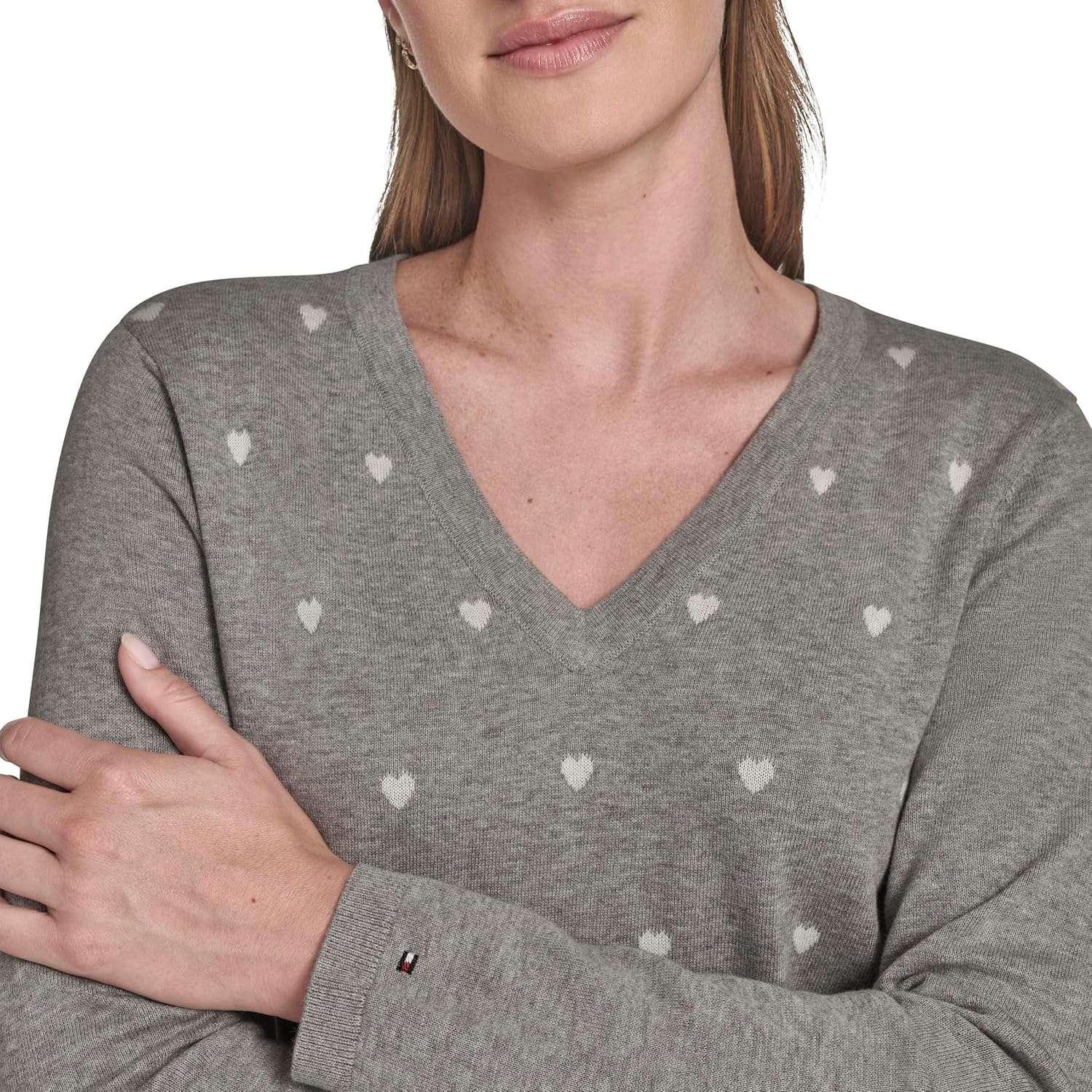 Tommy Hilfiger Womens V-Neck Long Sleeve Cotton Heart Print Sweater - Image 5
