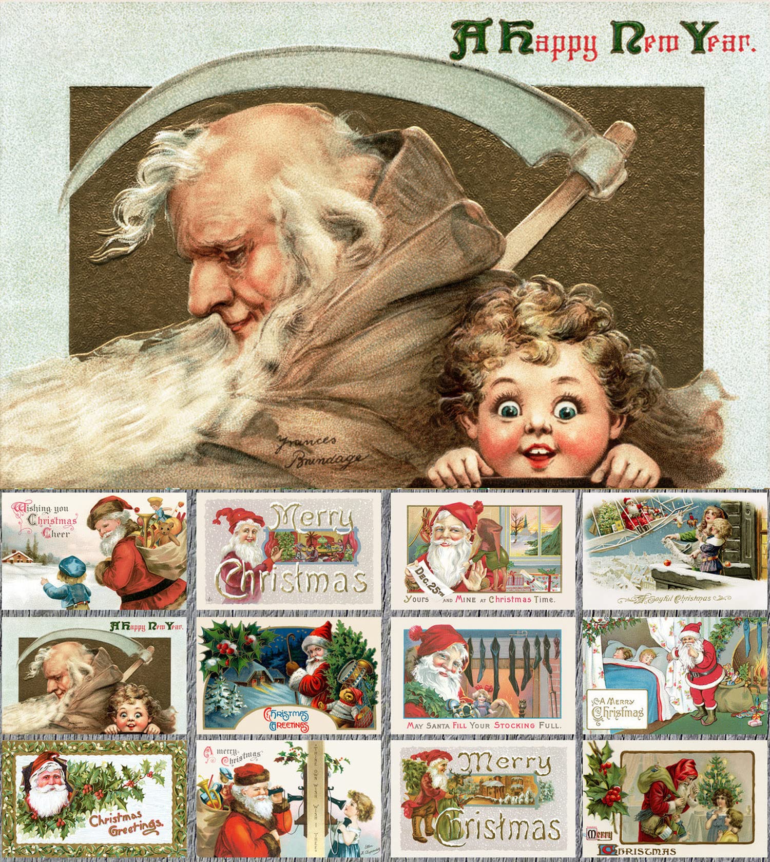 PIXILUV CHRISTMAS SANTA (Pack of 12) Notecards Small Greeting Cards # Joyful Christmas Santa Claus~ Vintage Christmas Postcards Reprint