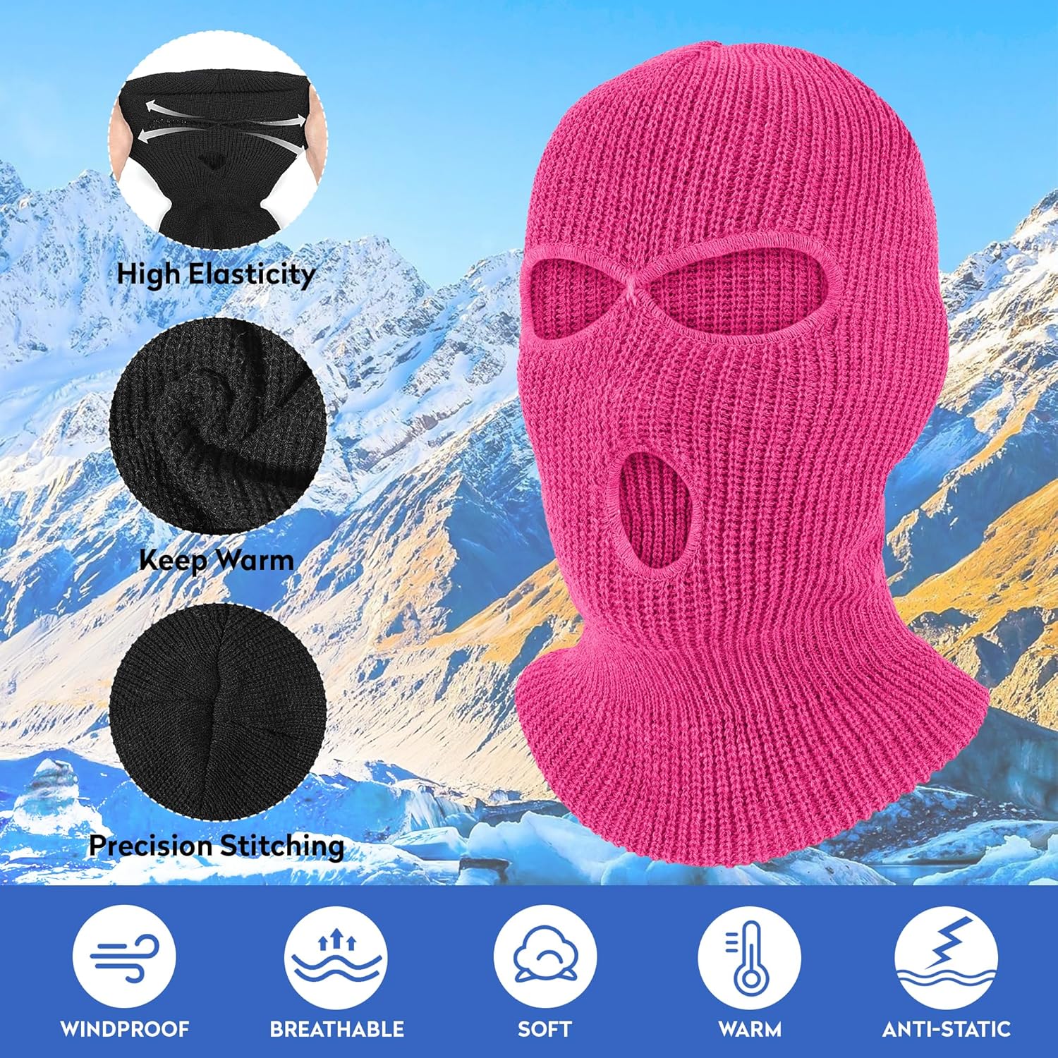 Pukavt 2 Pack 3 Hole Winter Knitted Mask, Full Face Cover Ski Mask Warm Balaclava for Skiing, Motorcycle, Snowboard - Image 3