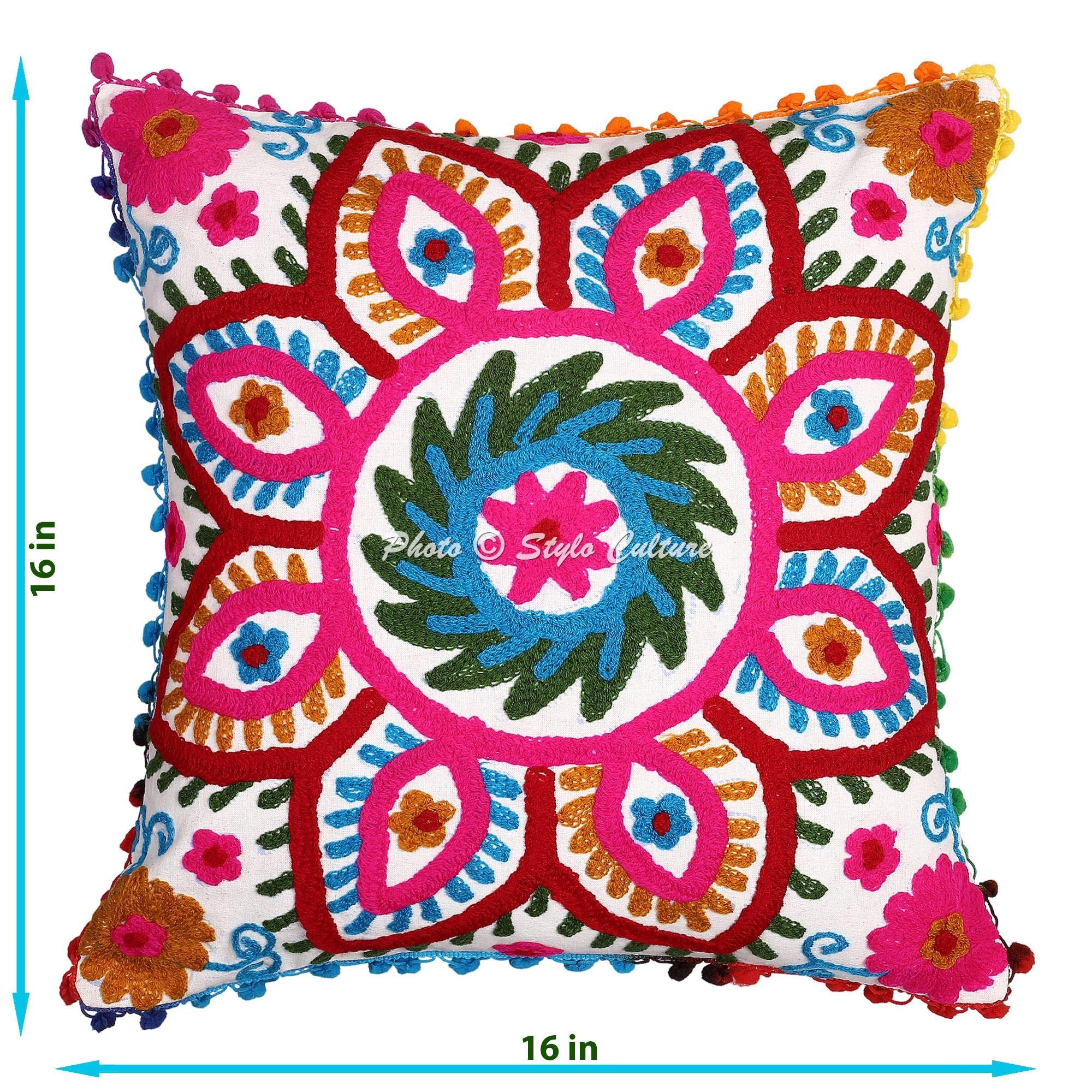 Bohemio Fundas De Almohadones Decorativa 40x40 cm Algodón Floral Forros para Cojines Silla Blanco 16x16 Inch Pompón Bordado Suzani Cuadrado Cremallera Fundas Cojines Sofa - 5 Pcs