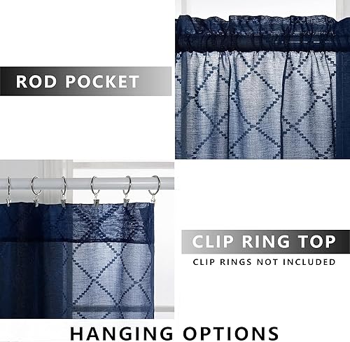 Miniatura 3 de KOUFALL Cortinas de ventana para sala de estar, juego de 2 paneles de 84 pulgadas de largo, diseño de patrón azul, cortinas transparentes bordadas