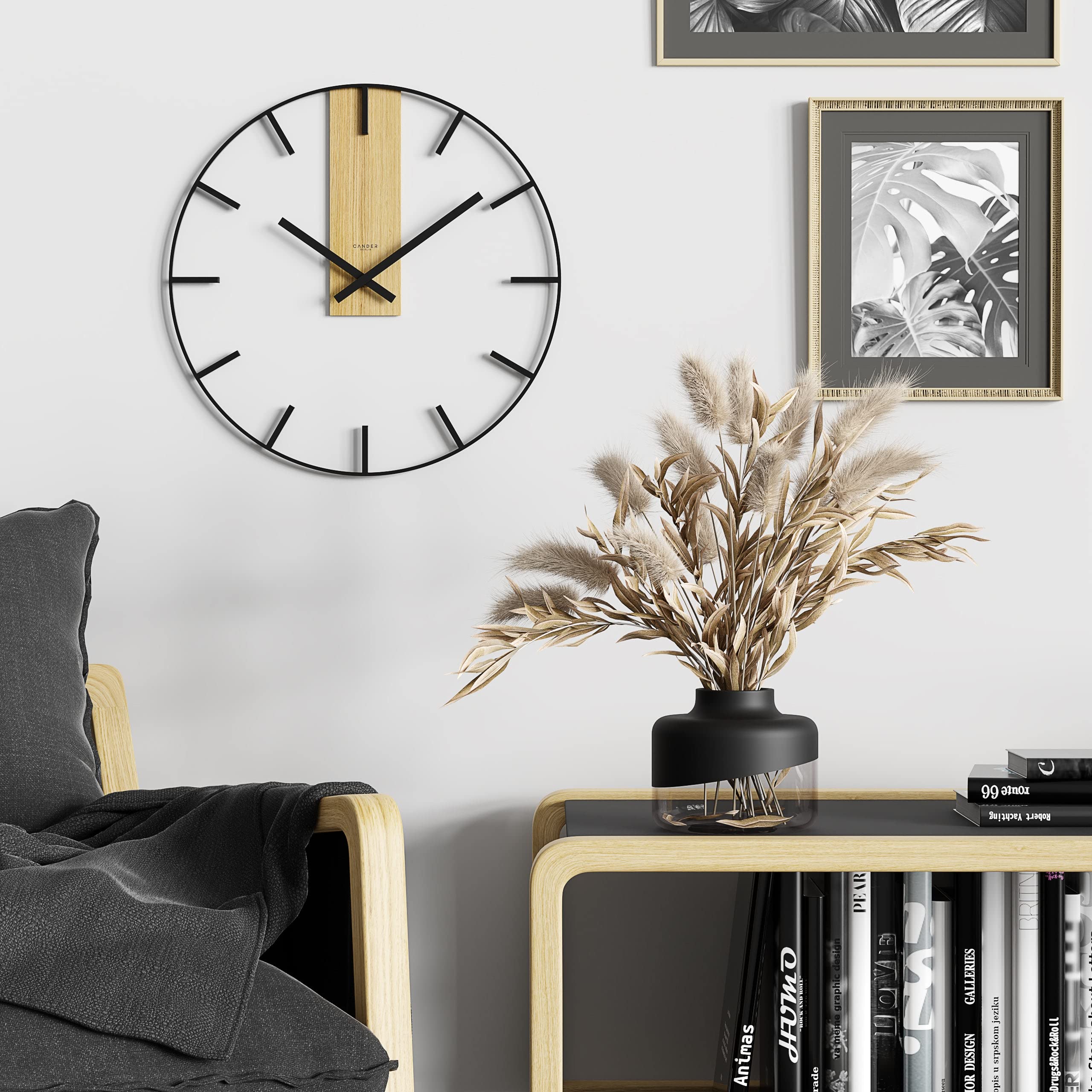 Cander Berlin UNDIS XXL Vintage Wanduhr lautlos 60 cm Metall Holz Eichenurnier ohne Tickgeräusche groß modern schwarz Wohnzimmer