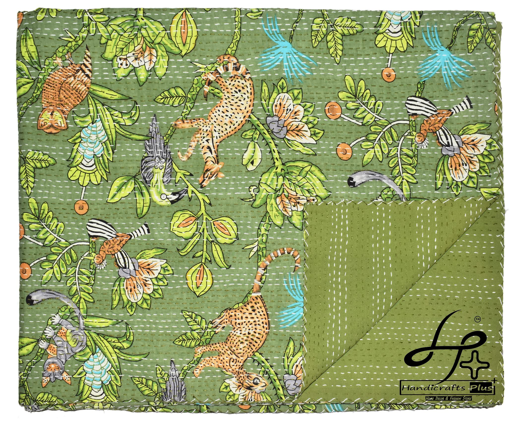 Handicrafts Plus New Indian Cotton Gudari King Size Kantha Quilt Beautiful Bedding Olive Green Color Bedcover 90x108''