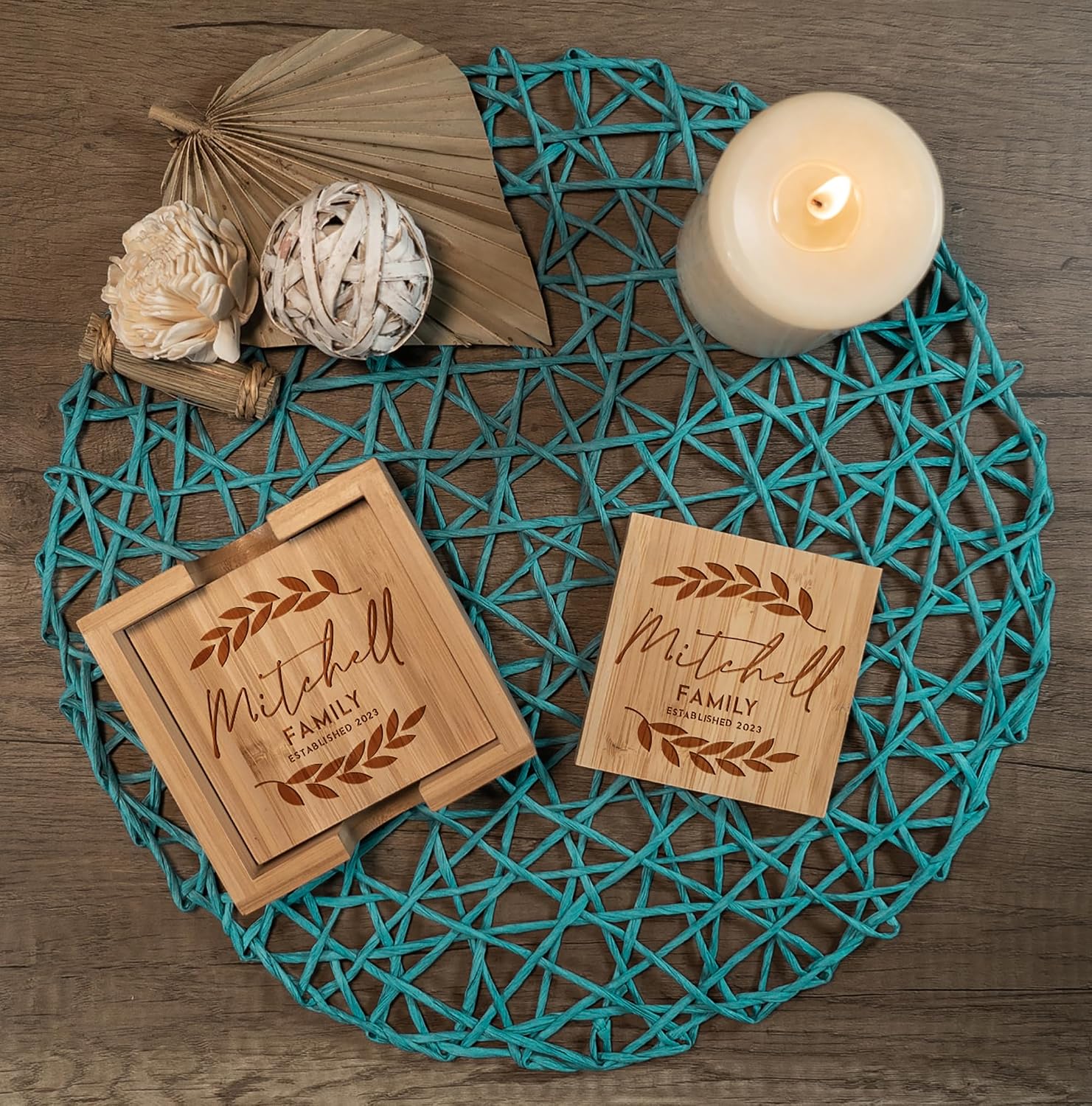 Tayfus Personalized Bamboo Coasters, Set of 4 Square Custom Coaster with Holder, Customized Gift Ideas for Christmas, Anniversary, Housewarming, Birthday, Engagement, Wedding