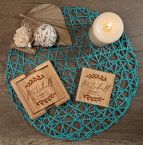 Miniatura 2 de Personalized Bamboo Coasters, Set of 4 Square Custom Coaster with Holder, Customized Gift Ideas for Christmas, Anniversary, Housewarming, Birthday,
