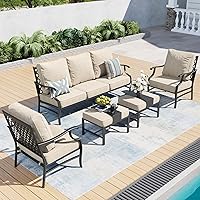 Vista 11 de Juego de muebles de patio, 4 piezas de muebles modernos de metal para exteriores, sofá de 3 plazas, 2 sillas mecedoras, mesa de centro y cojín extra