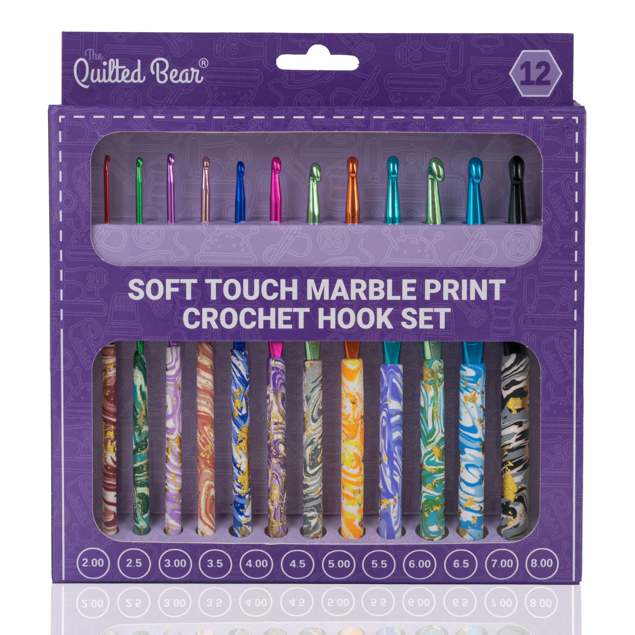 The Quilted Bear Marble Crochet Hook Set - 12 Ergonomic Soft Grip Crochet Hooks Set with Light Polymer Clay Handle for Comfortable Crocheting & Knitting (2mm-8mm)