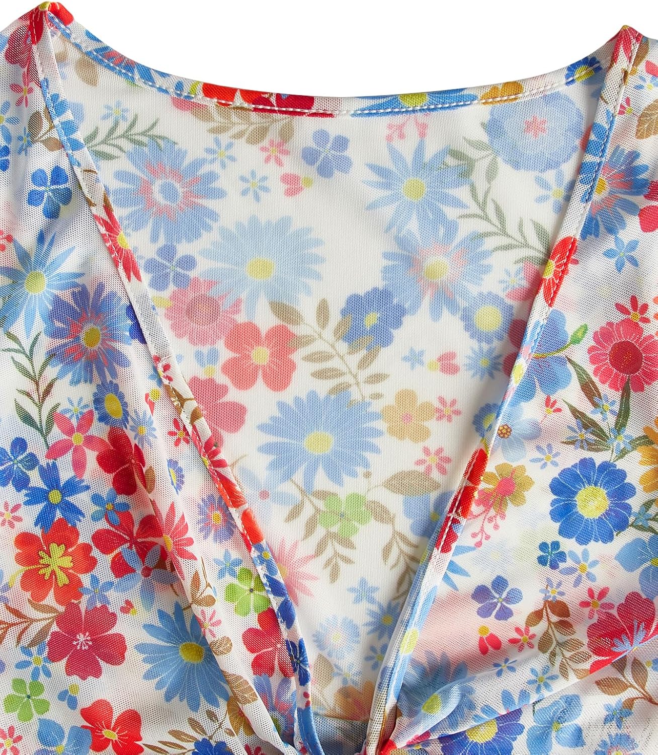 Verdusa Women's Boho 70s Tops Tie Front Bell Long Sleeve Floral Print Mesh Sheer Blouse Crop Tops - Image 3