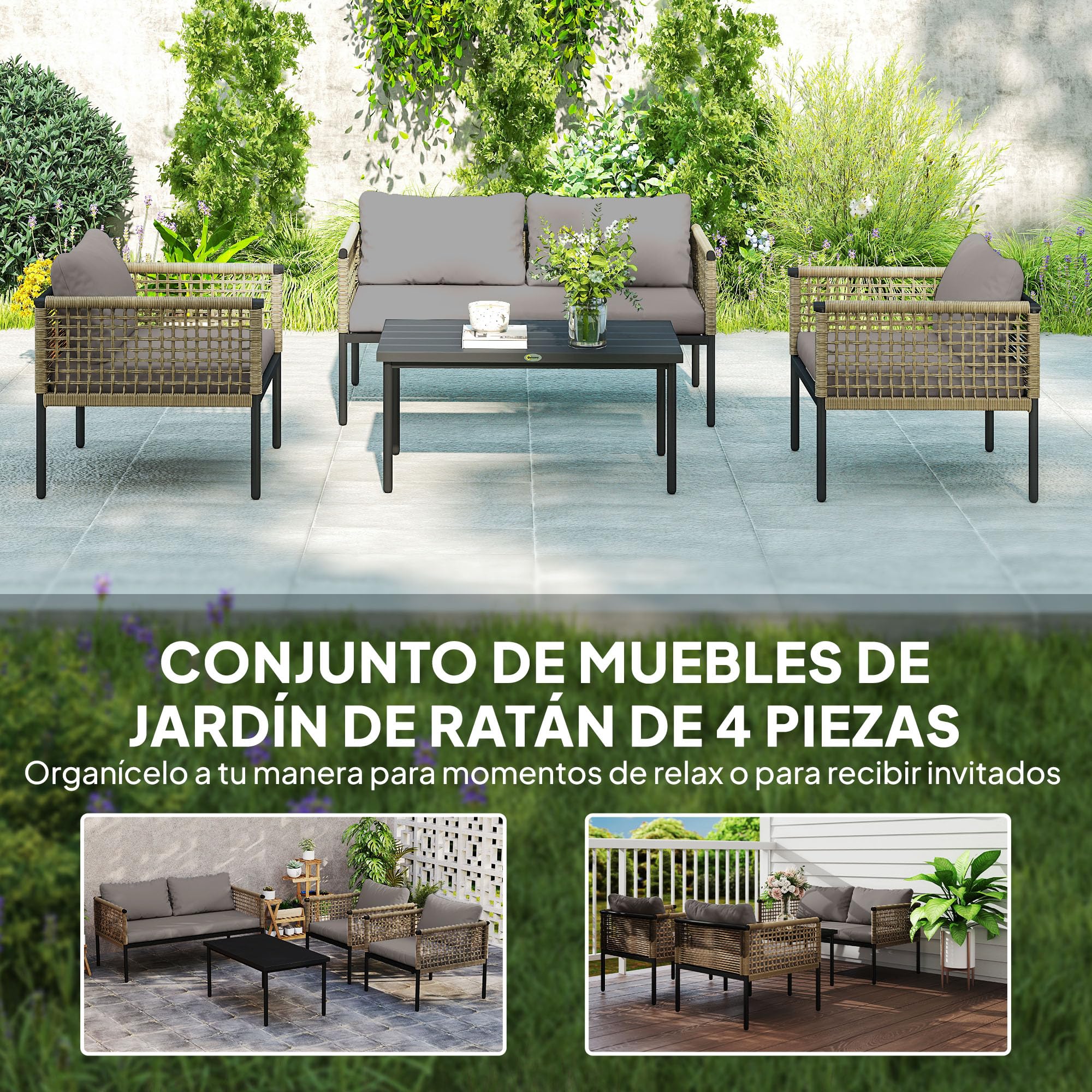 Outsunny Conjunto de Jardín Exterior de Ratán Sintético Natural y Gris | 4 Piezas, Muebles de Jardín Exterior, Incluye 1 Sofá Doble, 2 Sillones, Mesa de Centro con Cojines