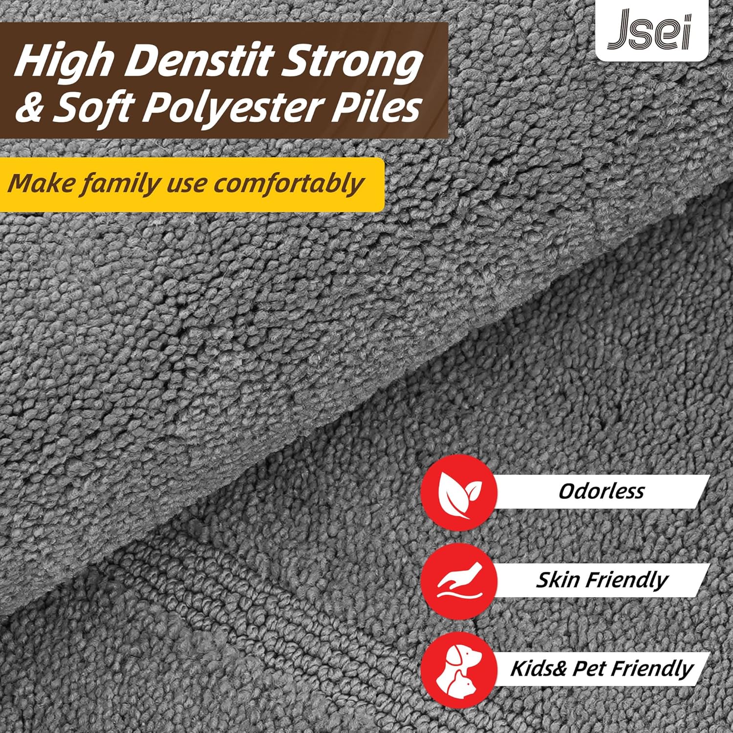 JSEI Non-Slip Bathroom Rugs, Self Adhesive No Sliding Bath Rugs Set of 2, Machine Washable Absorbent Bath Mat Set for Tub Shower & Single Sink 20”x32”+20”x48”, Light Grey, Rectangular Pattern