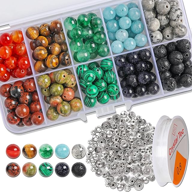 SOSMAR 200pcs Stone Beads with Spacer Beads, 8mm Crystal Round Beads for Jewelry Making, Lava Bead/Tiger Eye/ Red Agate/Aquamarine /Jasper Craft Beads for Bracelet Necklace Making, 10 Colours