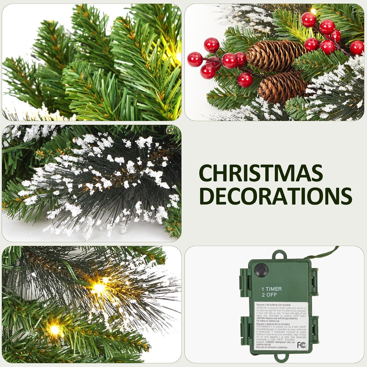 Christmas Wreath Set of 6 – Complete Pre-Lit LED Outdoor & Indoor Holiday Decor Kit with Warm White Battery-Operated Lights, Flame Retardant PVC, for Front Door, Garage Door, and More