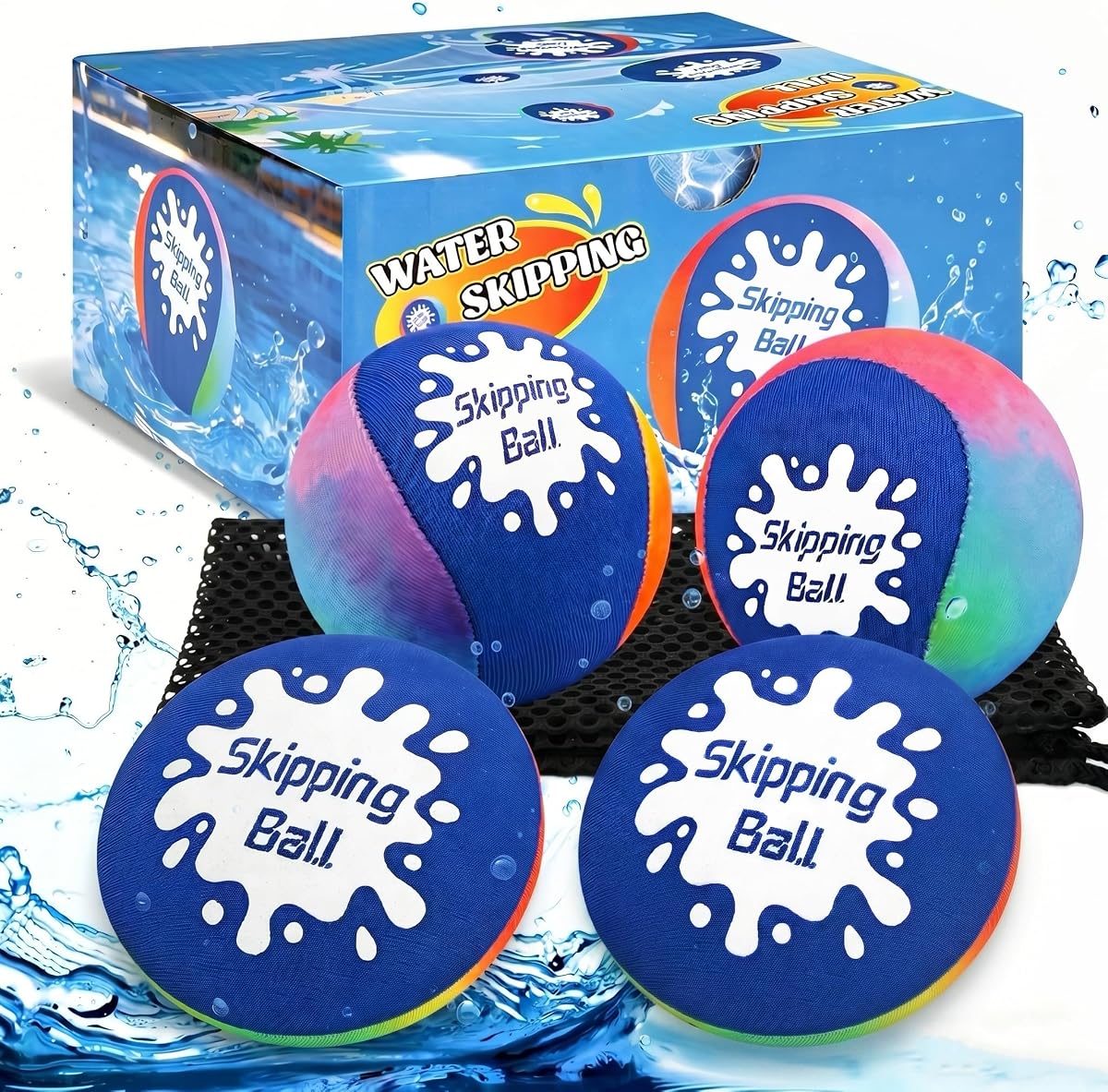 Korlon Skipping Water Balls, 4 Pack Skip Water Bouncing Ball with Mesh Bag | Summer Water Pool Toys for Kids Ages 4-8 8-12 Adults Games Cool Lake Beach Fun