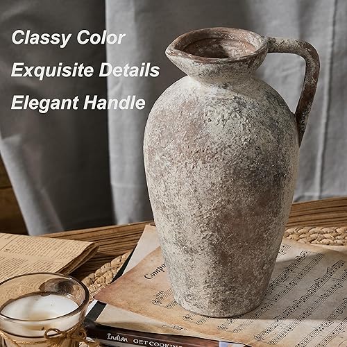 Miniatura 3 de PORCER Jarrón de cerámica antiguo de 9.3 pulgadas, jarrón de terracota con asa, decoración bohemia de granja, jarrón rústico para decoración del