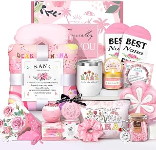 Mother‘s Day Basket Gifts for Nana, Gifts for Nana, 16 pcs Birthday Gifts Basket from Granddaughter Grandchildren Grandkids New Grandma Gifts Grandmother Gigi Care Package-Pink
