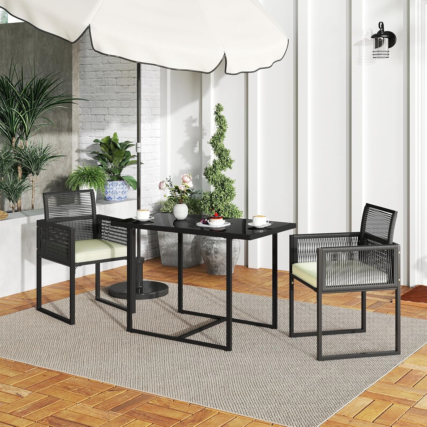 HAPPYGRILL 3 Pieces Patio Dining Table Set, Outdoor Rectangular Dining Table & 2 PE Rattan Chairs w/Tempered Glass Tabletop, Foldable Backrests, Space-Saving Dining Set for Backyard, Poolside, Garden