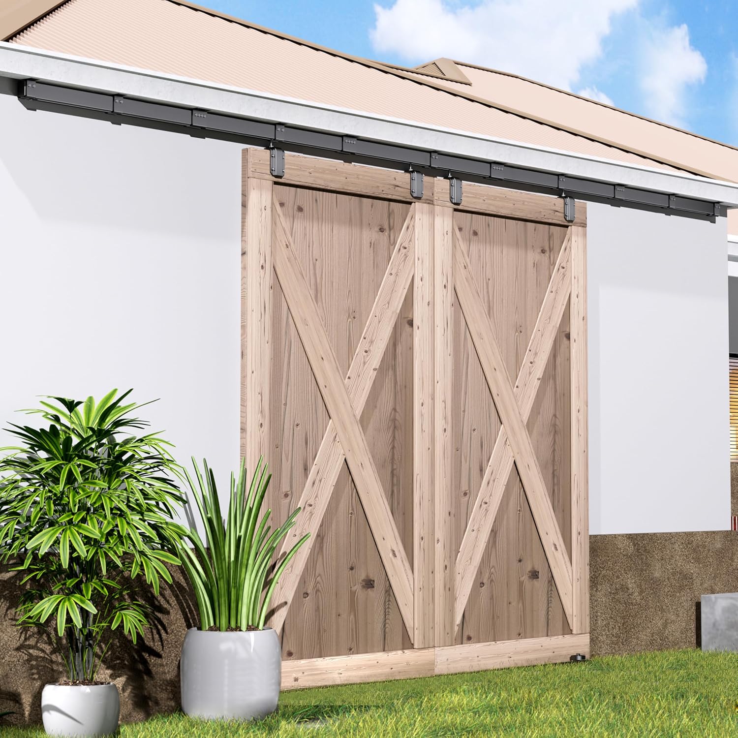 Installed DIYHD 13FT Ceiling Mount Double Sliding Barn Door Hardware