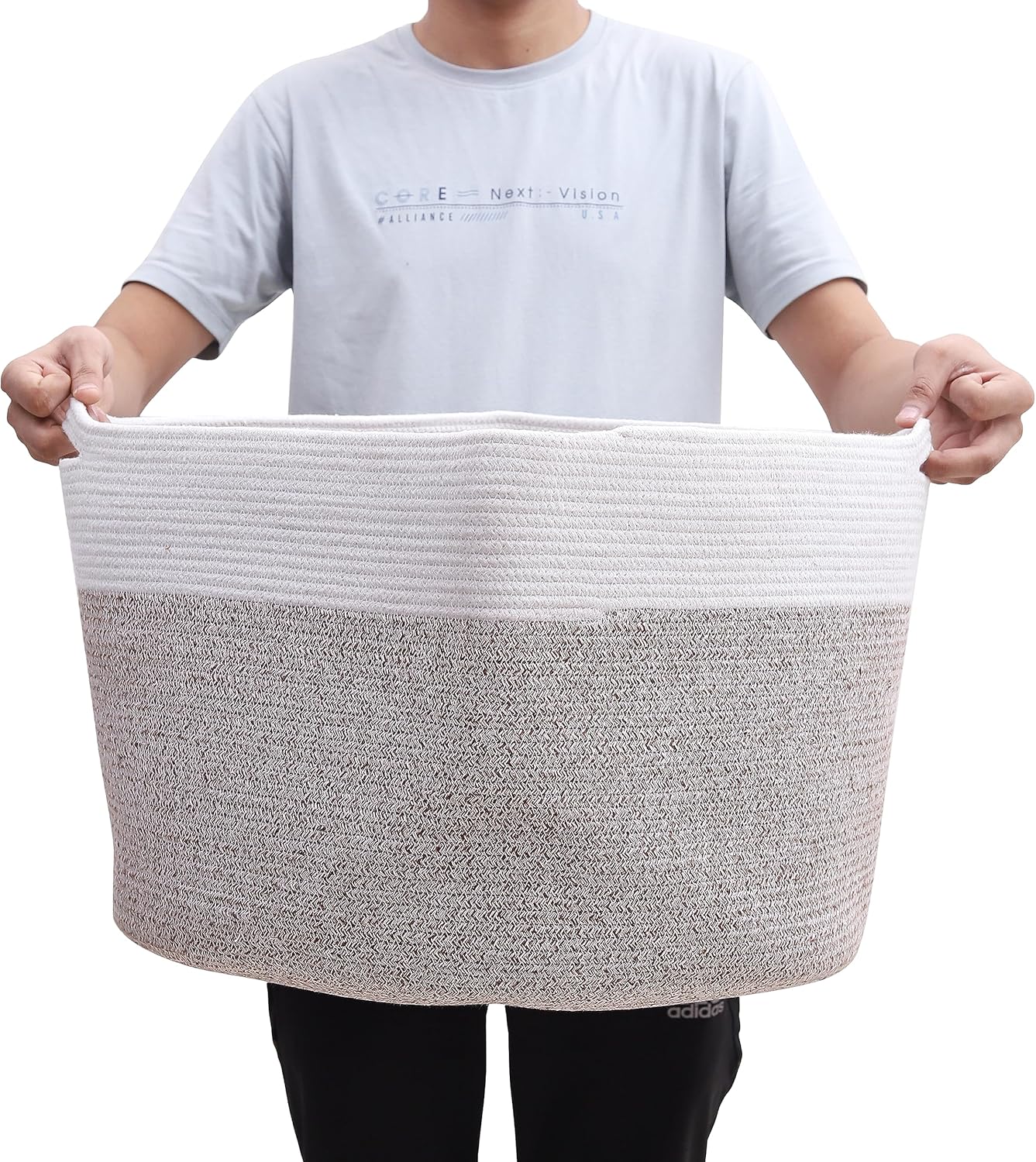 XXXLarge Cotton Rope Basket 32"x13.5" - Woven Laundry Blanket & Basket with Handle - Storage for Comforter, Cushions, Thread & Laundry - Stylish and Durable Organize grey