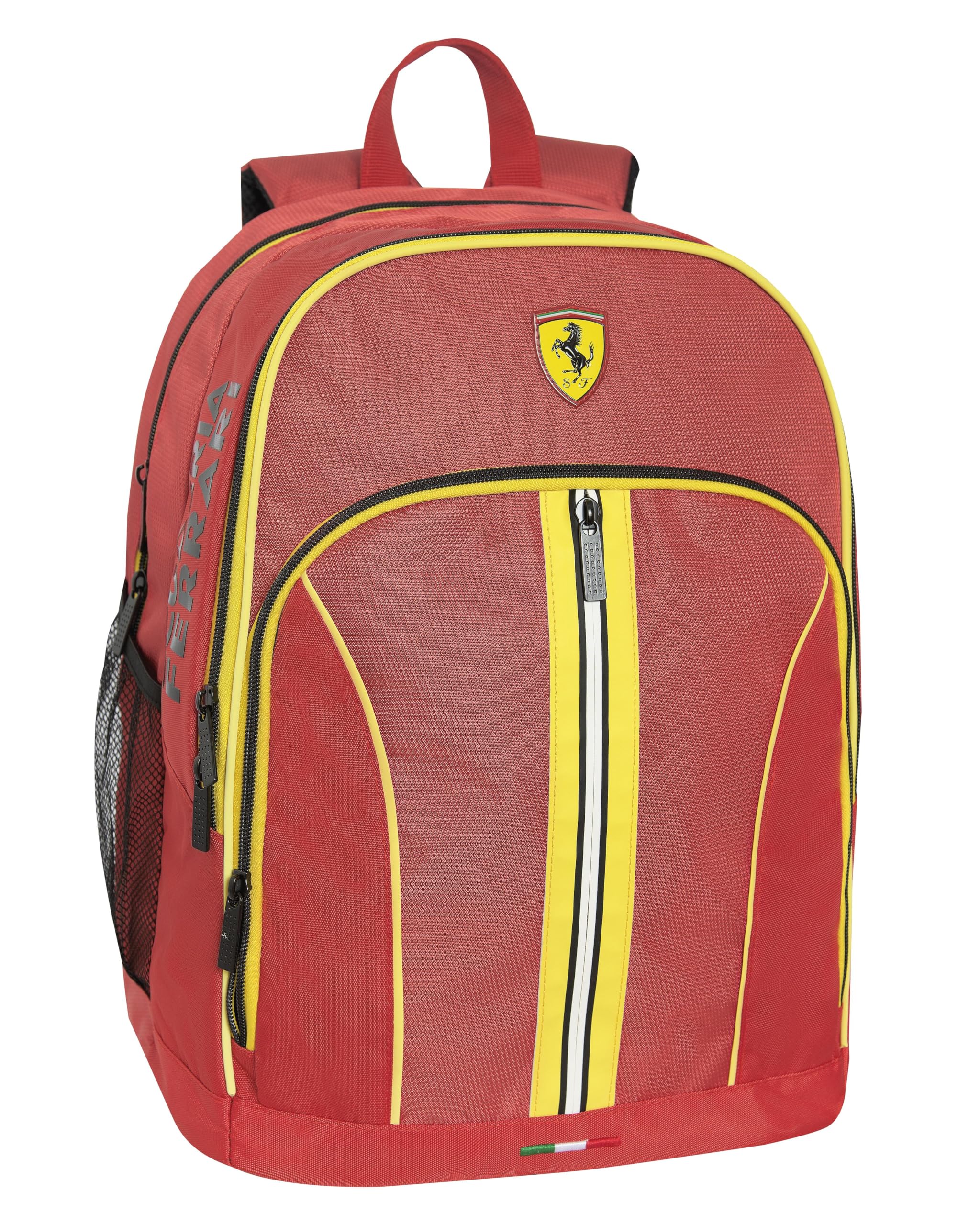 FERRARI KIDS - Zaino Scuola Ufficiale Ferrari per Bambini, con 2 Ampi Spazi Centrali e 2 Tasche Frontali con Chiusura a Zip, Spallacci Regolabili e Imbottiti, Schienale Imbottito, 32x43Hx23 cm, Rosso