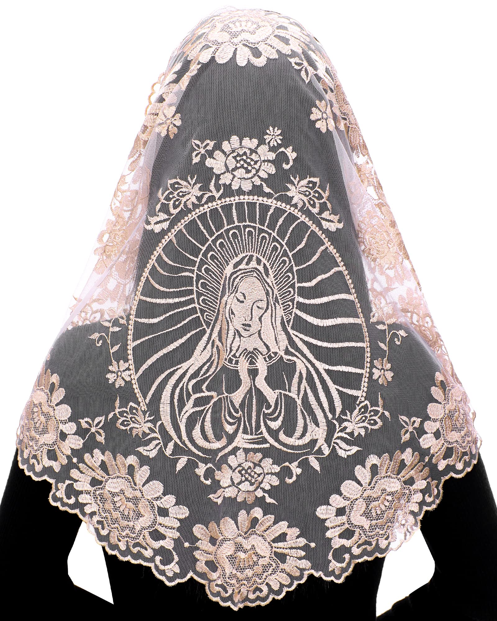 Bozidol Church Mantilla - Catholic Veil With Triangle Holy Virgin Embroidery - Traditional Mass Chapel Veil