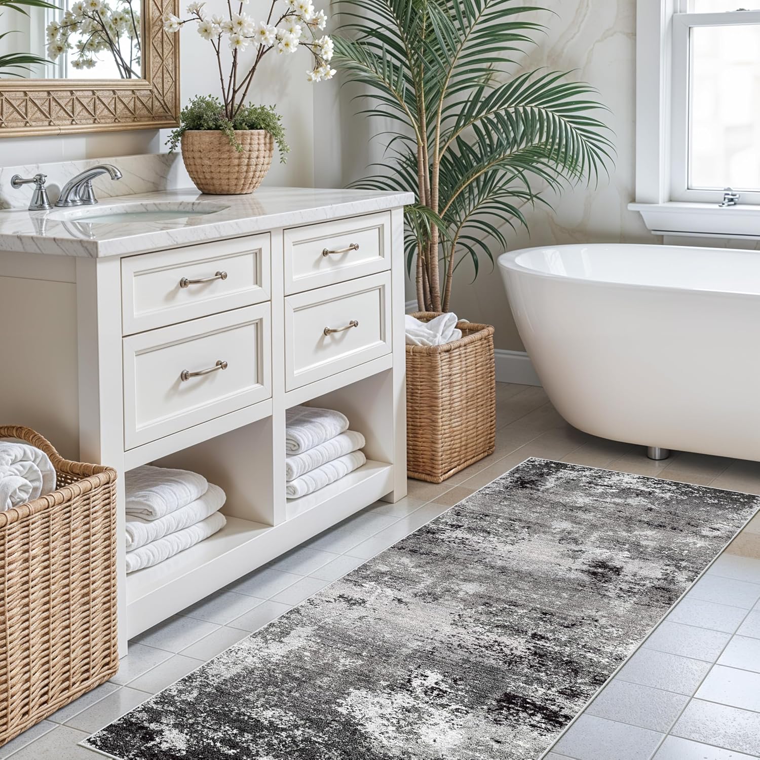 2x6ft Washable Kitchen Runner Rug – Non-Slip Low-Pile Floor Carpet Runner for Indoor Hallway, Bedroom, Bedside & Entryway, Modern Abstract Neutral (Black Grey,2x6)