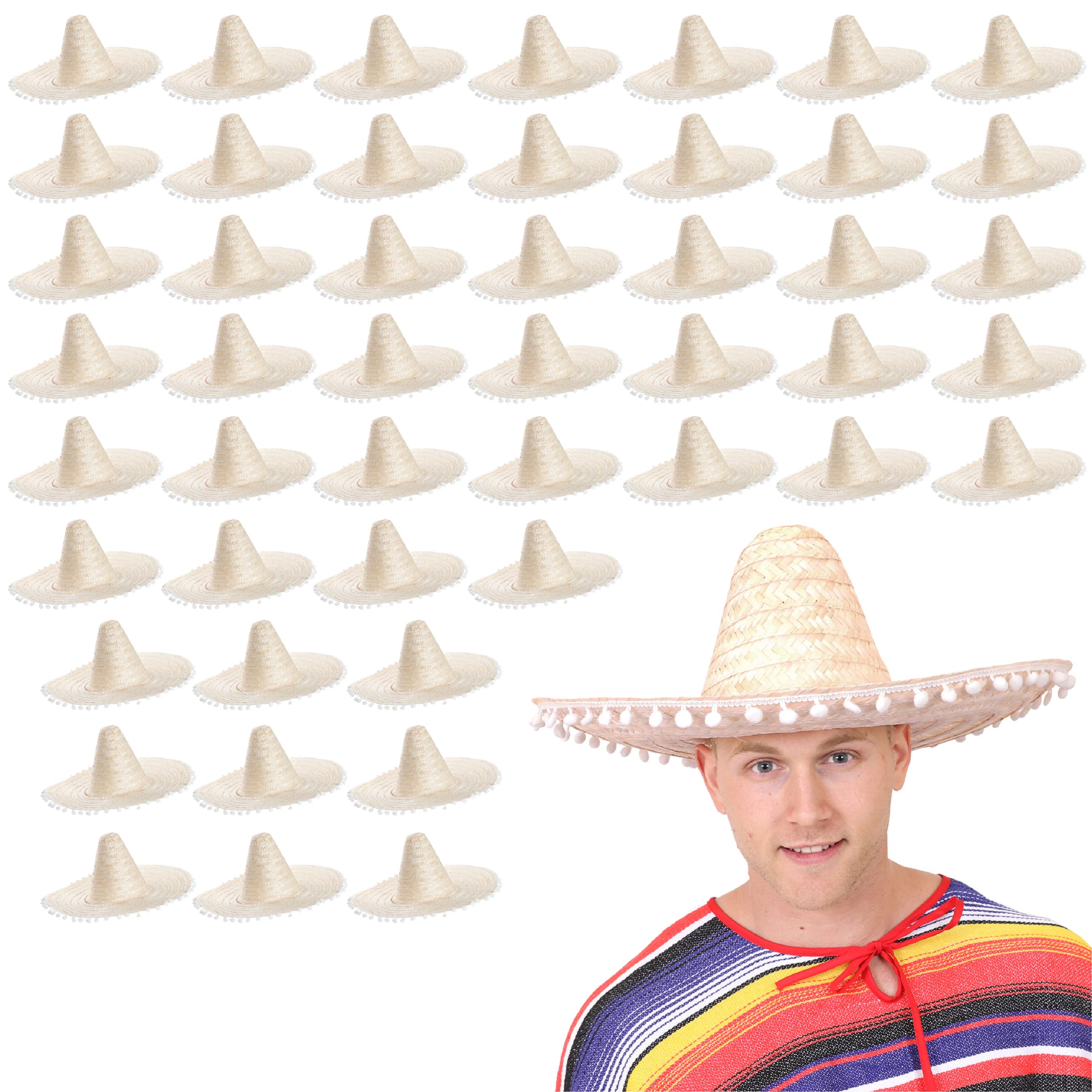 I LOVE FANCY DRESS SOMBRERO NATURAL CON PONPONS BLANCOS PARA ADULTOS PERFECTO PARA FIESTAS TEMATICAS O 5 DE MAYO