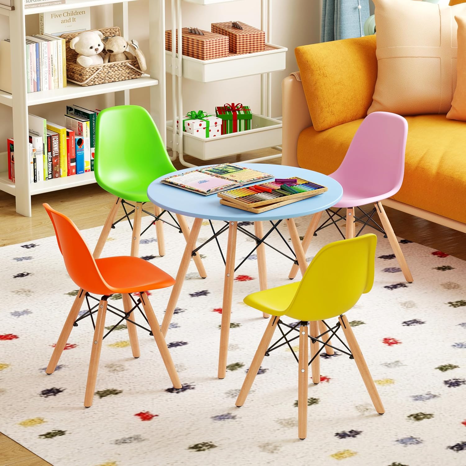 HONEY JOY Kids Table and Chairs, 5 PCS Mid-Century Modern Style Kids Activity Set w/Wood Legs, Metal Frame, for Dining Drawing Playing, Toddler Round Table and Chairs (Colorful, 4 Chairs & Table)
