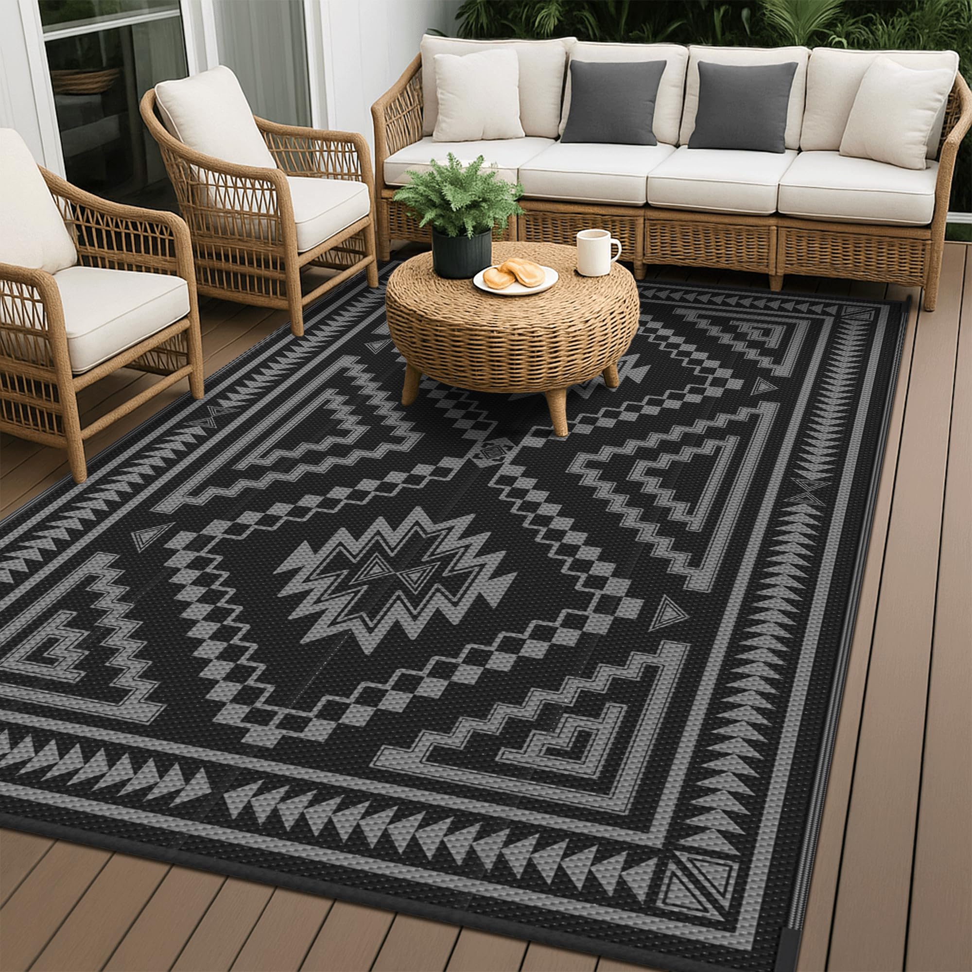 GENIMO Tappeto Outdoor Impermeabile 6x9 ft Reversibile Motivo Losanga Grigio Nero
