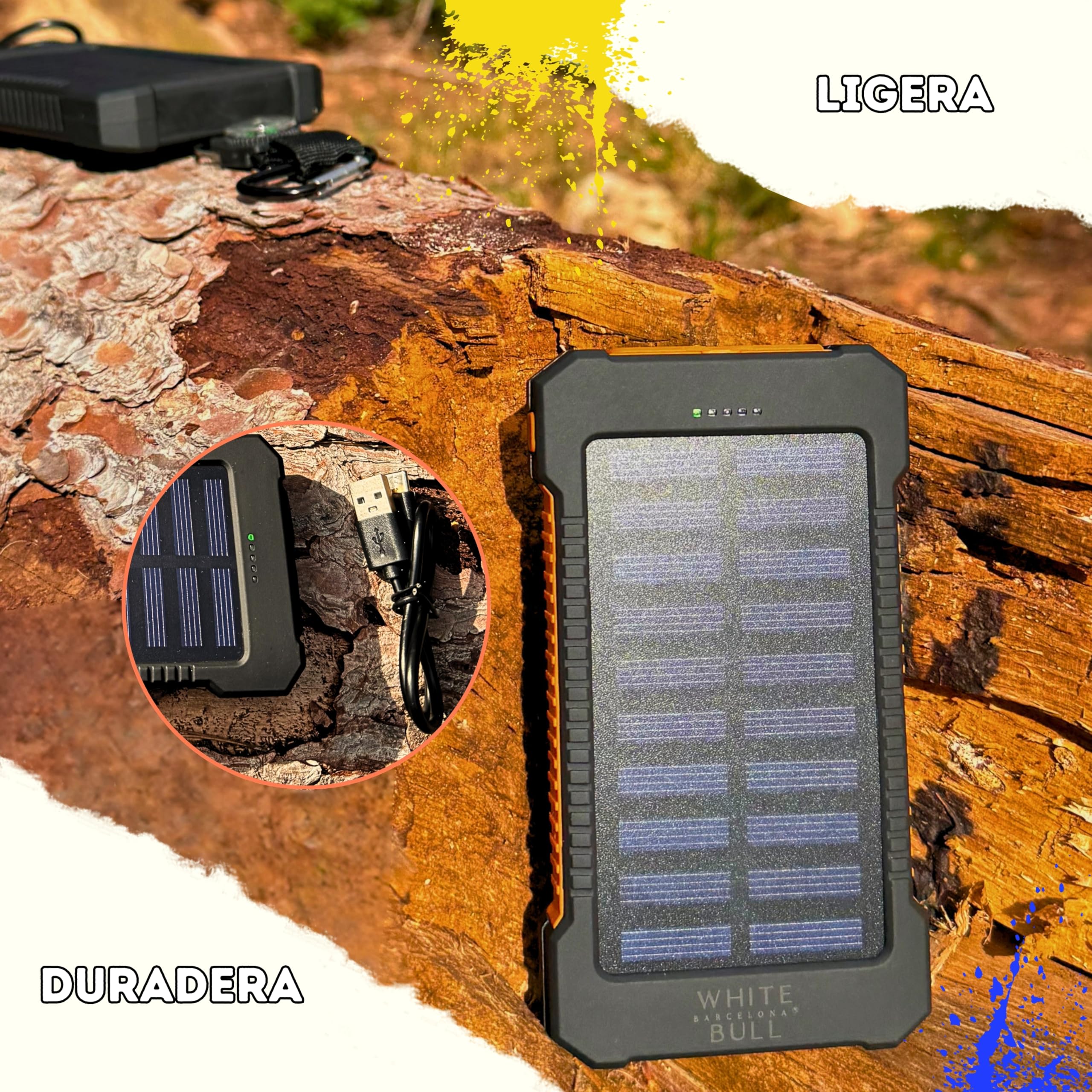 Batería Externa Carga Rápida 20000mAh con Panel Solar y Linterna LED | Power Bank IPX4 Ligera Resistente 2+1 Puertos Cable USB C Universal Mosquetón Brújula | Cargador 2025 Powerbank Portátil Móvil