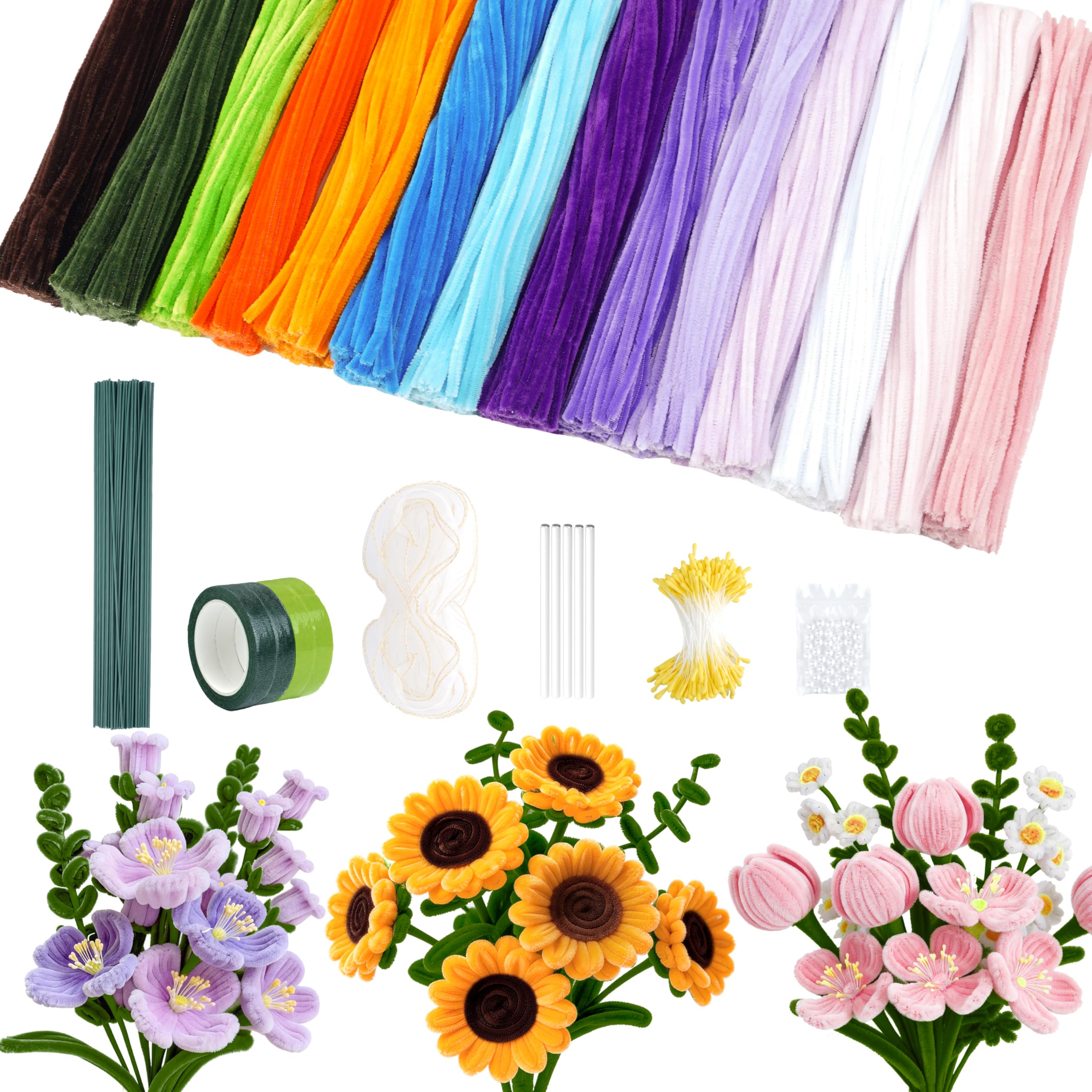 Ayuanb 900 PCS Pipe Cleaners Flowers Kit, Pipe Cleaners Craft,14 Colors Chenille Stems with Floral Wires, Stamen, Wrapping Paper & Ribbon, Art and Craft Supplies, DIY Bouquets and Party Decorations
