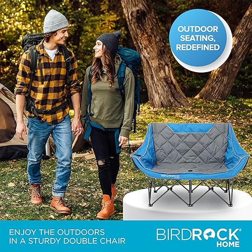 Miniatura 6 de BIRDROCK HOME Silla doble de camping  Doble vino y portavasos  Azul y gris, tela acolchada duradera, marco resistente, tapa de 650 libras.
