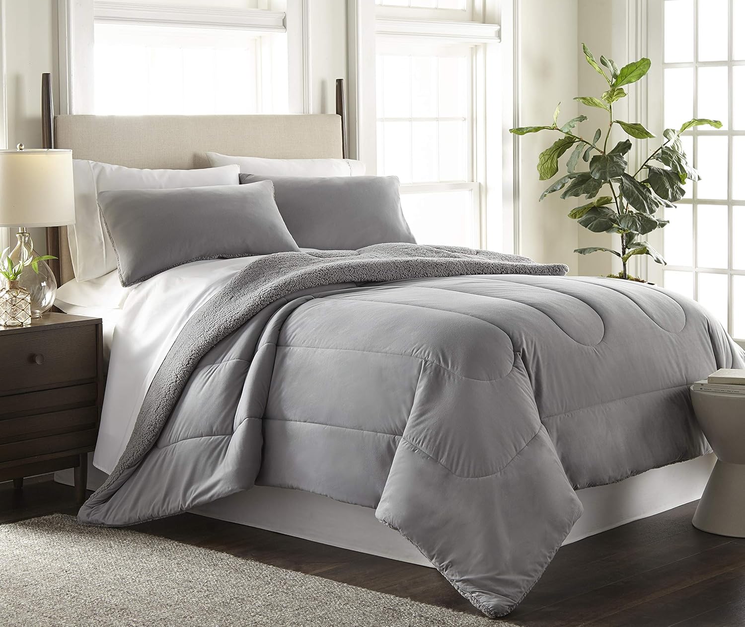 Thermee Micro Flannel Comforter Set with 2 Shams, Won't Shrink or Pill, Machine Wash, Slate Grey, Full/Queen