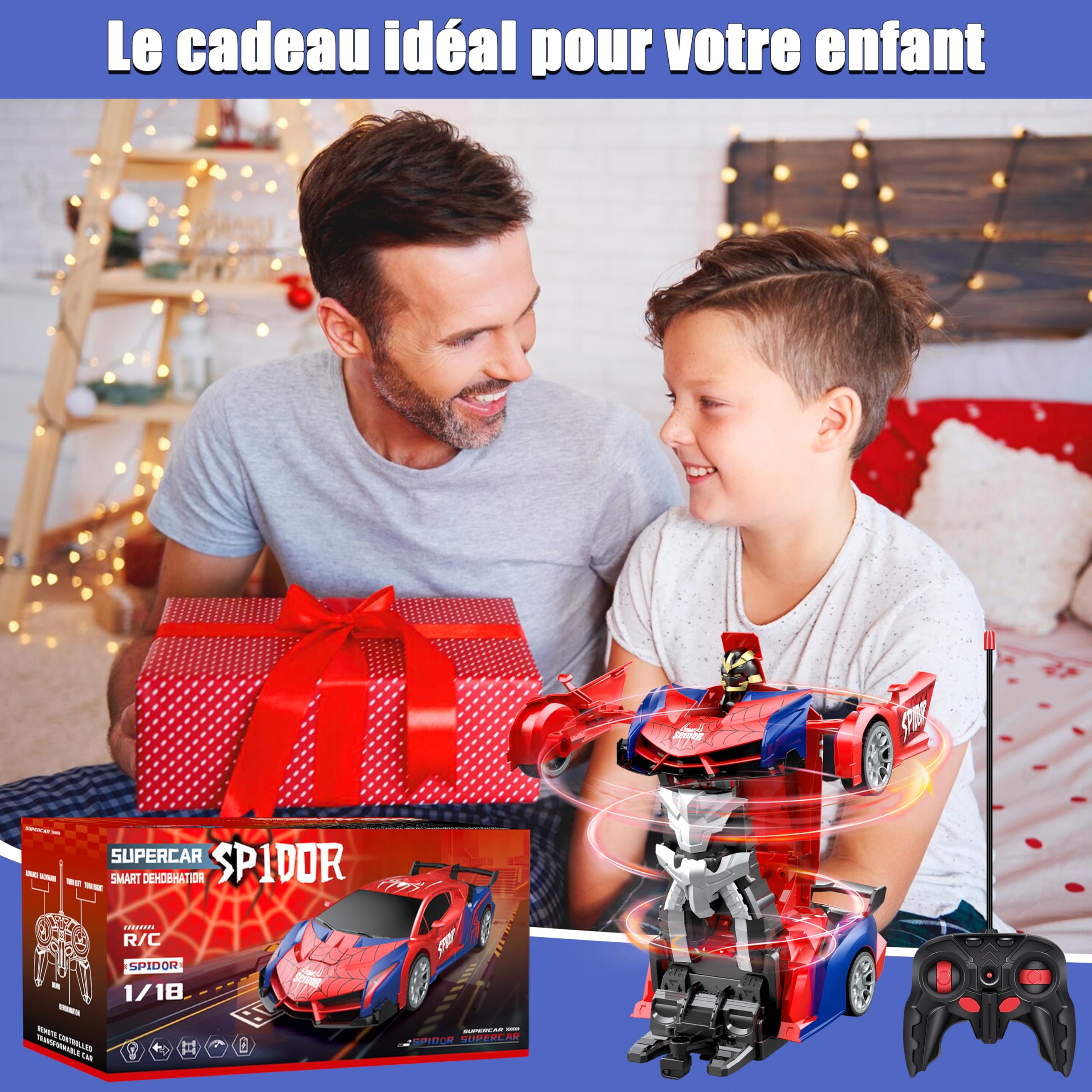 Herefun Transformateur de voiture télécommandée, jouet pour garçons et filles à partir de 8 ans, robot télécommandé, jouet RC avec câble de charge, robot transformateur 2 en 1, pour enfants cadeaux