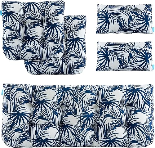 Miniatura 8 de ARTPLAN Cojines de exterior para sofá biplaza con cojín de asiento de repuesto para muebles de patio, juego de 5, floral, azul y rojo