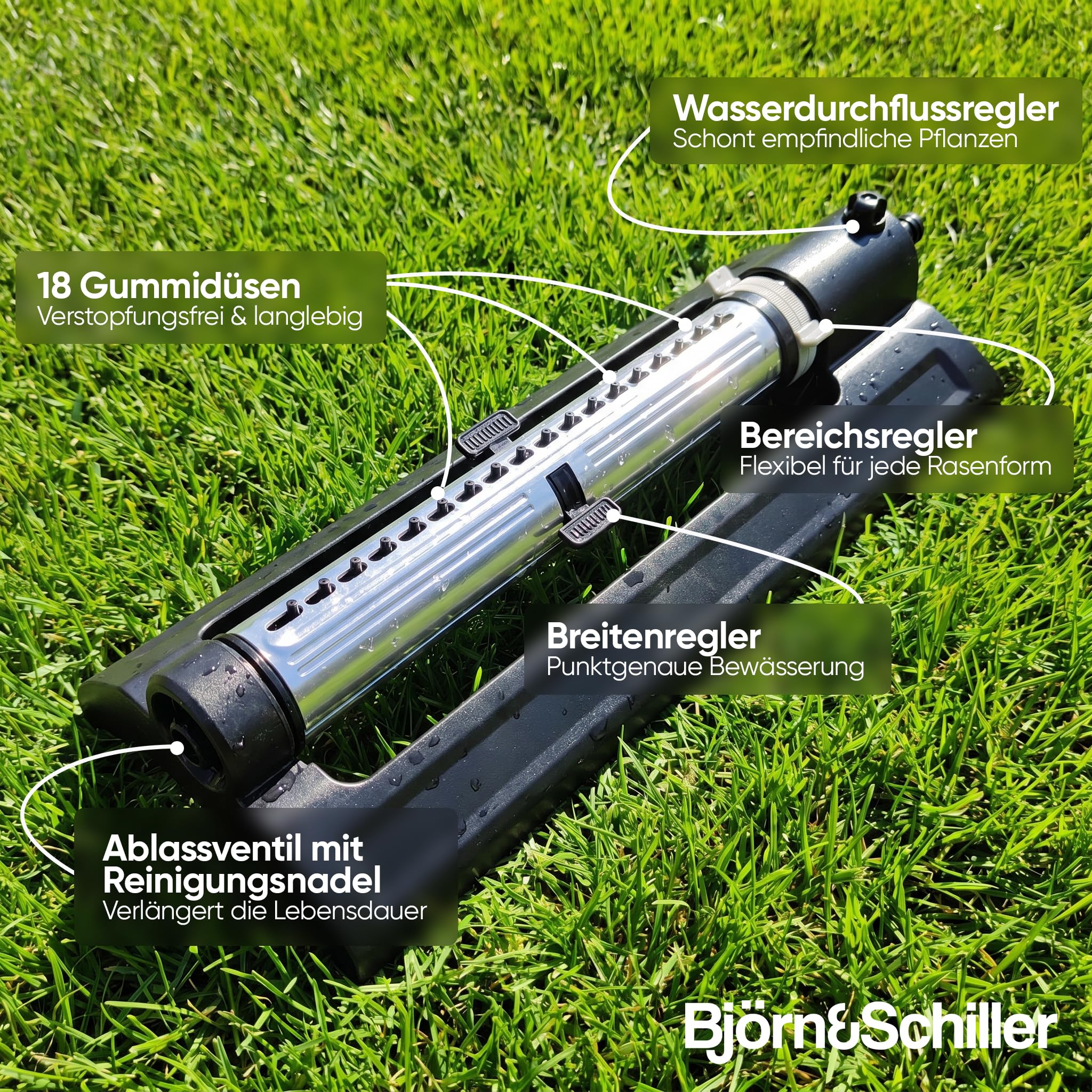 Björn&Schiller Oszillierender Rasensprenger, Viereckregner mit 18 Düsen, Einstellbarer automatischer Gartensprenger, Bewässerungsfläche bis zu 180 m², Sprinkler für Gartenbewässerung, inkl. Filter