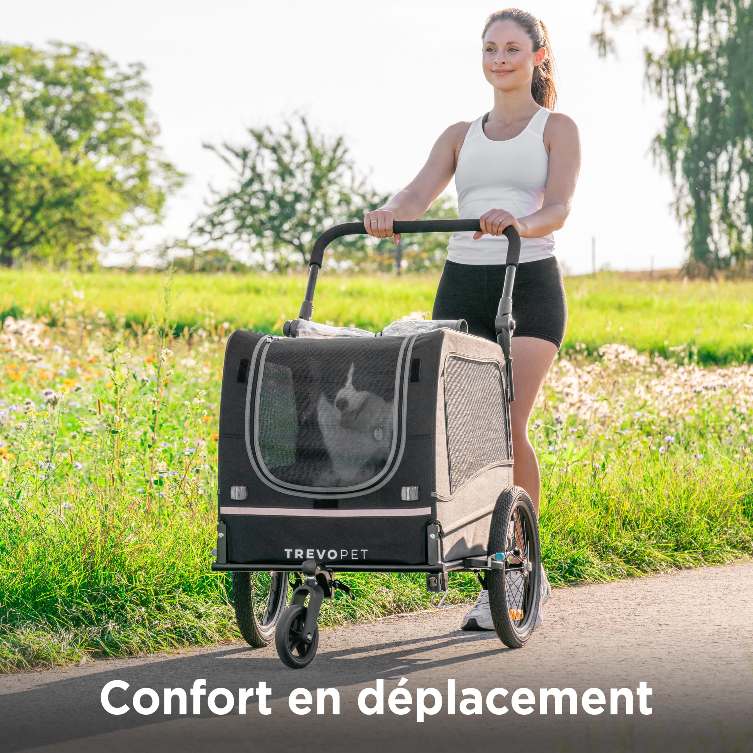 Remorque Vélo Chien 2-en-1 – Poussette et Chariot Pliable avec Coussin – Carriole étanche Jusqu’à 30 kg – Compatible avec vélos électriques – Noir