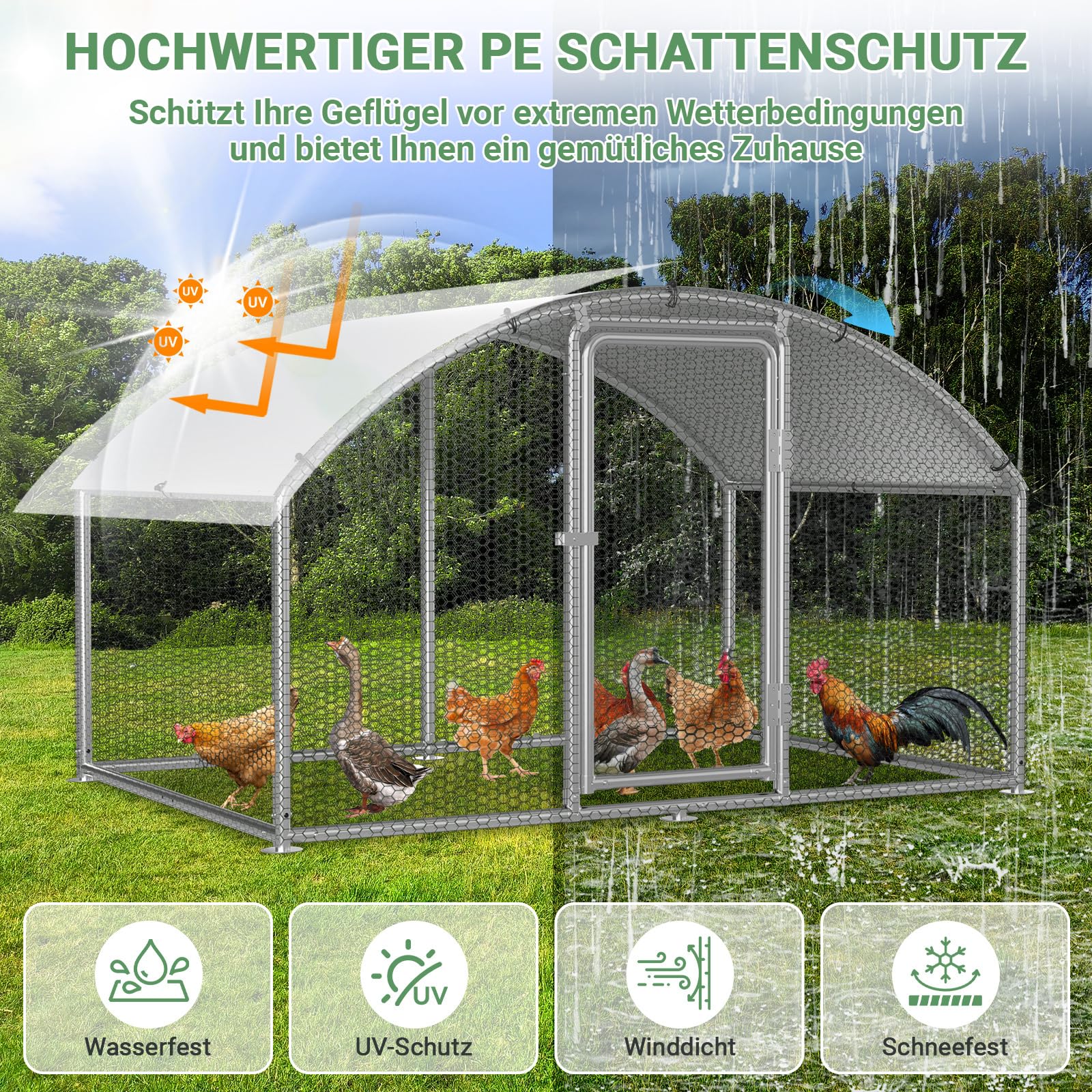 Gallinero 3x2x2m Gallinero para Gallinas Jaula para Aves Pequeños Animales Recinto Exterior con Techo Arqueado de PE y Estructura de Acero Galvanizado