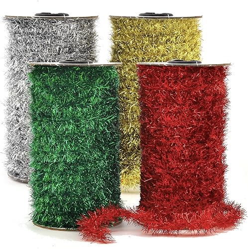 Guirnalda de oropel, 4 rollos de guirnalda metálica fina de oropel con purpurina, decoración navideña giratoria para fiesta de Navidad. Ideal para